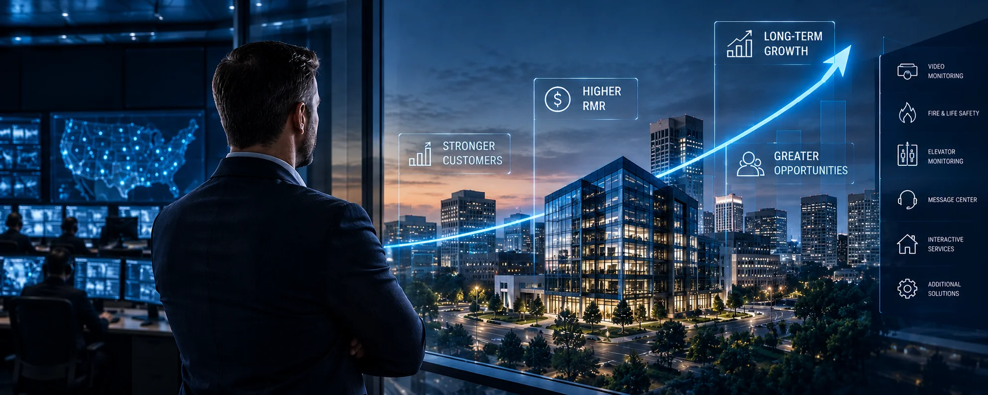 A businessman looking out a window at a stylized display of data