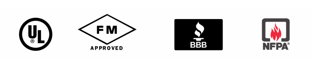 UL, FM Approved, BBB and NFPA certification logos