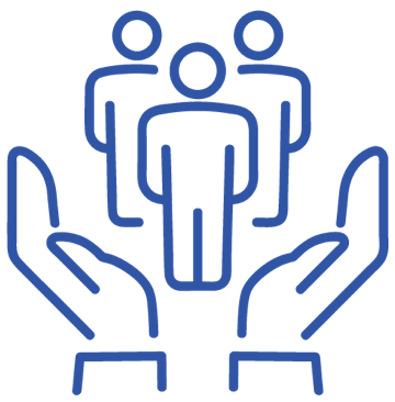 Figures of three people raised up by pair of hands