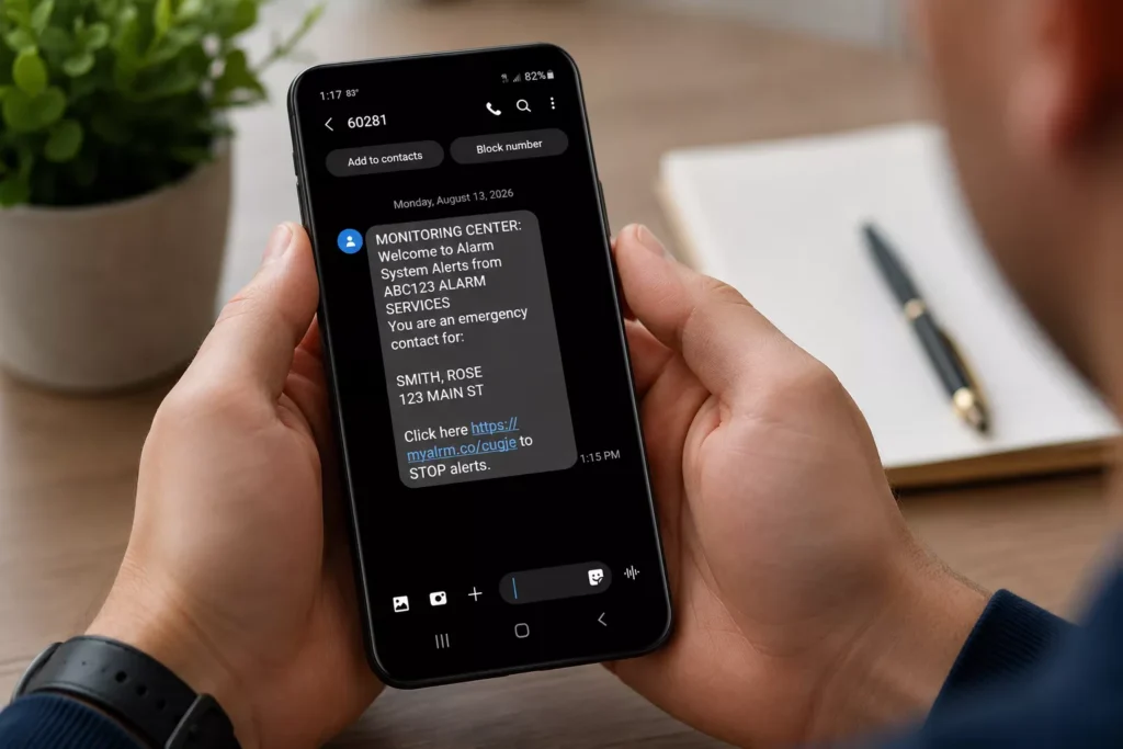 Person holding smart phone with CMS SMS message