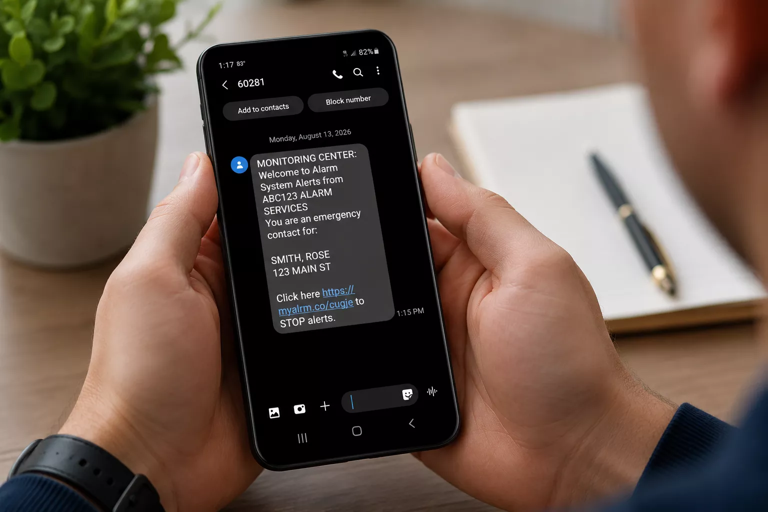 Person holding smart phone with CMS SMS message