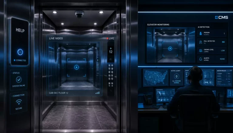 An elevator with a live video security camera, with superimposed data displays, inside a modern control room