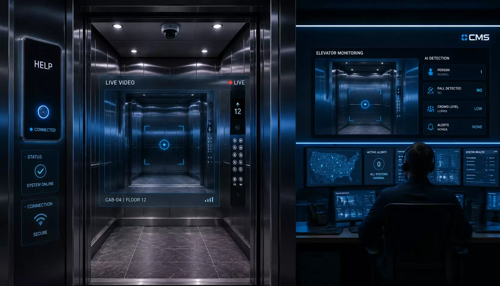 An elevator with a live video security camera, with superimposed data displays, inside a modern control room