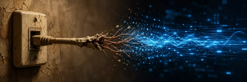 A corroded copper wire explosively merging with a stream of data